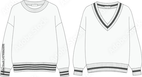 Striped ribbed drop-shoulder sweaters technical flat, crewneck and deep V-neck styles, long sleeve knitwear, contrasting stripe details, garment spec, flavector