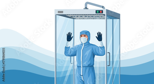 Illustration of a sanitization tunnel with a person wearing a protective suit inside for