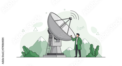 Illustration of a scientist adjusting a massive satellite dish for data transmission