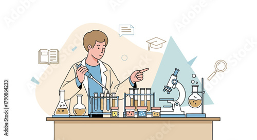 Illustration of a scientist conducting research in a laboratory environment with various