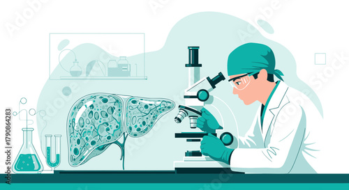 Illustration of a scientist examining a liver sample under a microscope in a lab setting