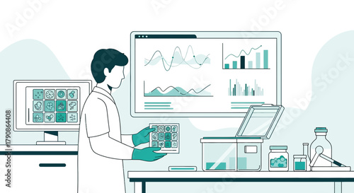 Illustration of a scientist in a laboratory examining data and conducting research accurately