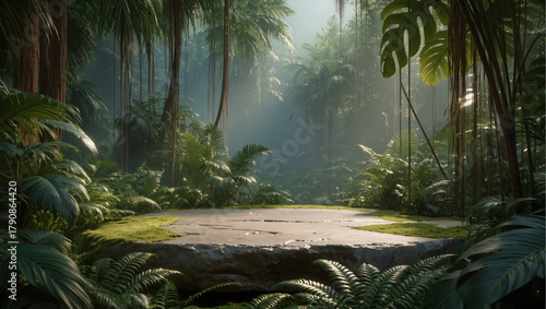 A smooth flat stone platform covered with light moss