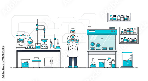 Illustration of a scientist in a laboratory setting, conducting experiments and research with