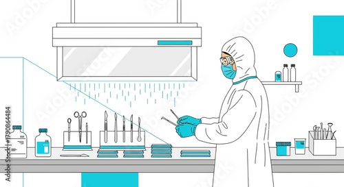 Illustration of a scientist in cleanroom attire working in a sterile laboratory environment