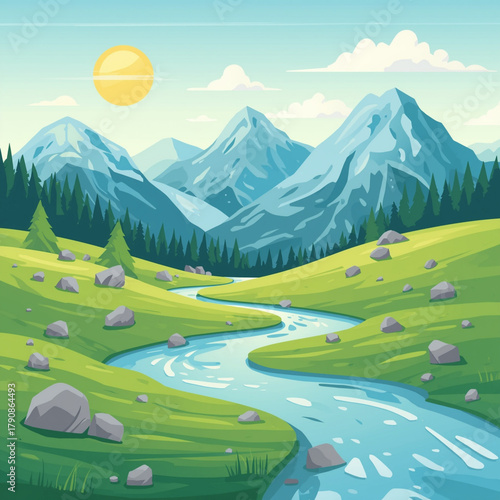 Serene mountain landscape illustration with winding river and bright sunny day scene