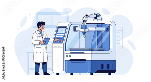 Illustration of a scientist using advanced industrial equipment in a lab setting showcasing