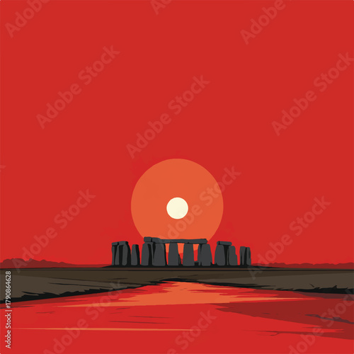 Stonehenge Silhouette at Sunset with Fiery Red Sky and Reflecting Water a Mystical Landscape of Ancient History and Natural Beauty Evoking Wonder and Imagination