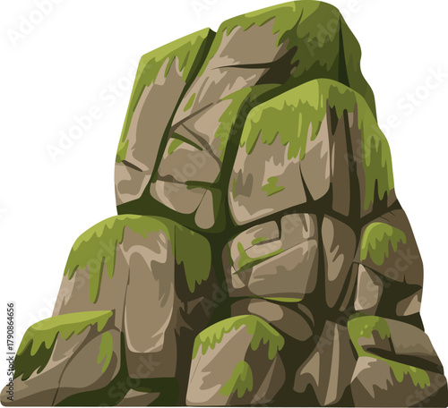 A large moss-covered rock formation stands against a white background.
