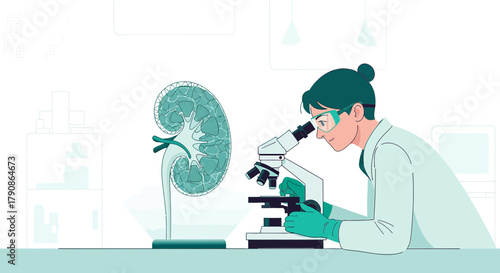 Illustration of a scientist using microscope to analyze a kidney for medical research diagnostics