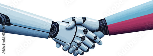 Robot and human hands shaking, symbolizing collaboration and partnership between artificial intelligence and humanity