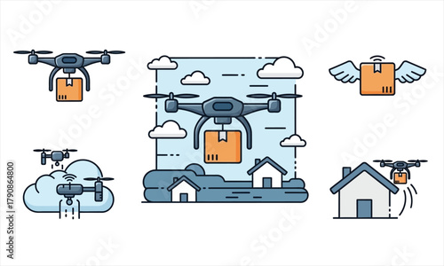 Drone Delivery Service Icons Set Illustration.