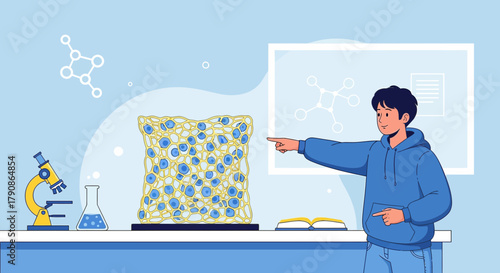 Illustration of a student presenting cell structure research in a laboratory setting with equipment