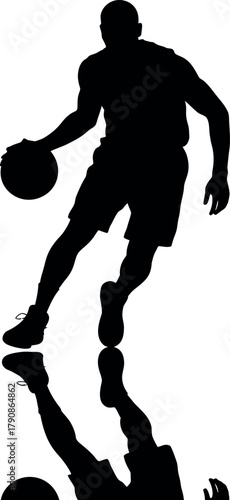 Silhouette of a basketball player dribbling the ball with reflection.