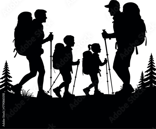 A silhouette of a family of four hiking together on a trail with backpacks and trekking poles.