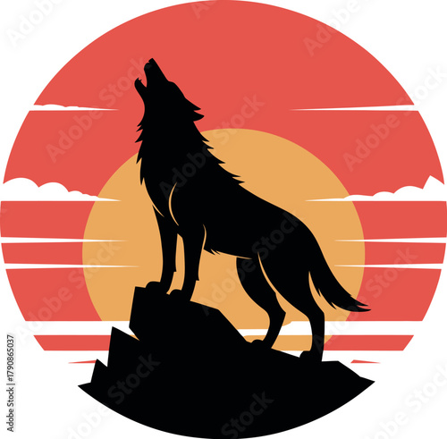 Silhouette of a wolf howling at the setting sun on a rocky outcrop.
