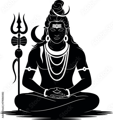 Lord Shiva meditating peacefully while holding a trident, representing divine power and tranquility.