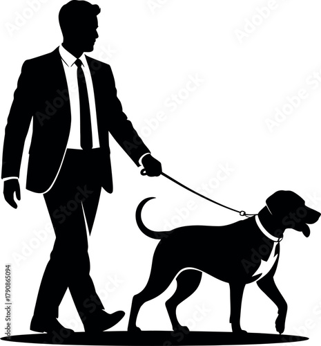 Silhouette of a man in a suit walking his dog on a leash.