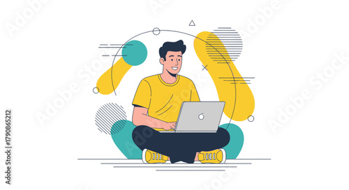 Illustration of a young man working on a laptop in a relaxed pose with abstract shapes