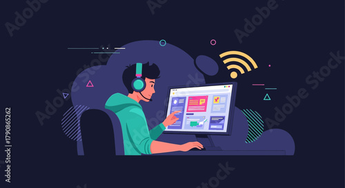 Illustration of a young man with headset using computer for gaming or working online