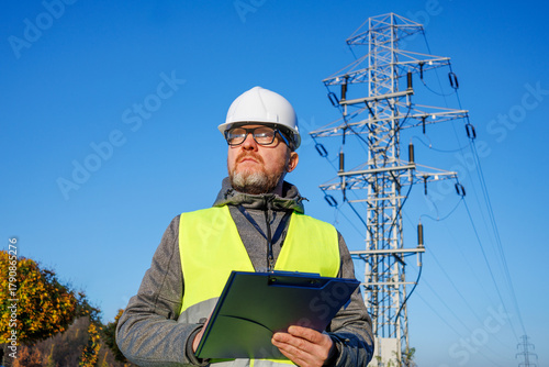 Electrical inspector, engineer working near High-voltage power line supports. Monitoring the condition of urban electrical equipment.