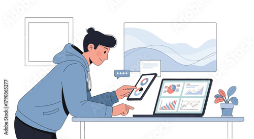 Illustration of a young professional analyzing data on a laptop and tablet devices