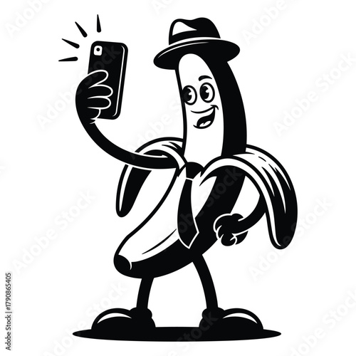 Anthropomorphic banana wearing a hat and tie taking a selfie with a smartphone Keywords: banana, fruit, anthropomorphic, character, selfie, smartphone, phone, hat, tie, fashion, style, funny