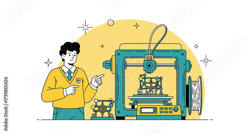 Illustration showcasing a 3D printing process with a character pointing at a printer and a