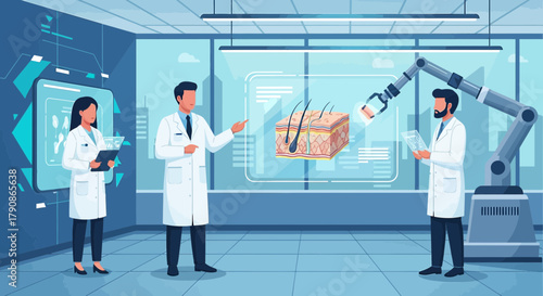 Illustration of scientists examining skin sample with robotic arm in laboratory setting depicting