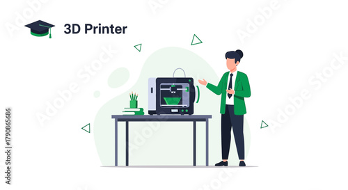 Illustration showcasing a modern 3D printer with a person explaining its functionality in a bright