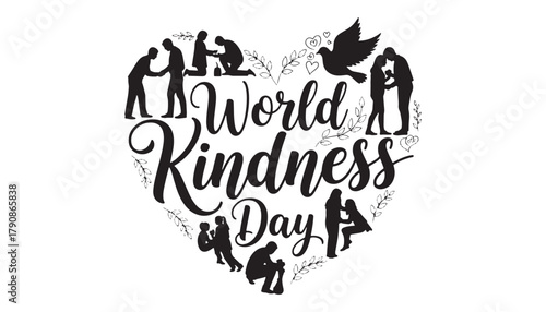 Heart shaped world kindness day with silhouettes and dove
