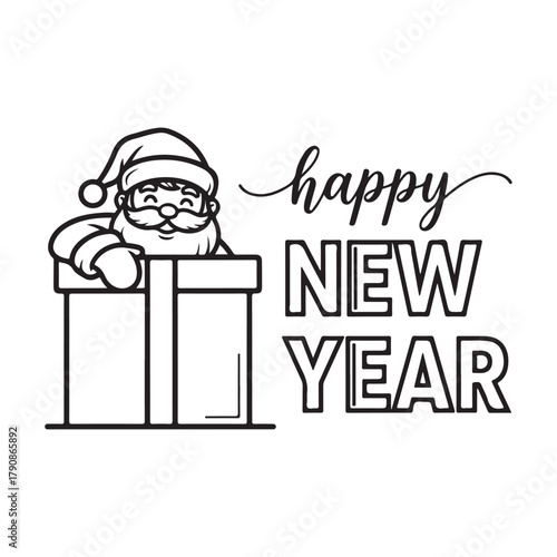 Happy new year text with santa claus peeking from gift box