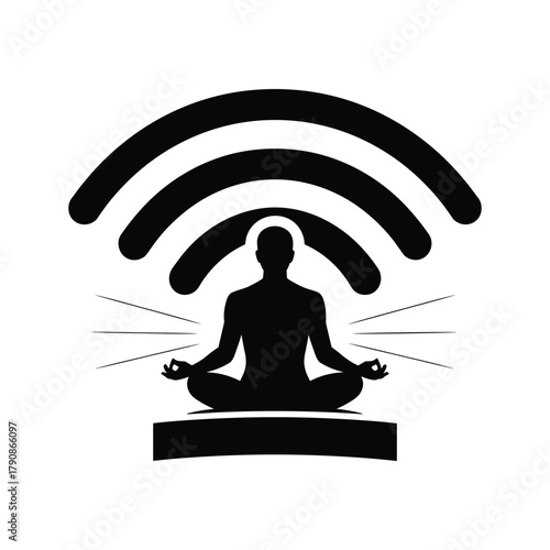 Black silhouette of a person meditating in a lotus position with Wi- Fi signals emanating from above on a white background