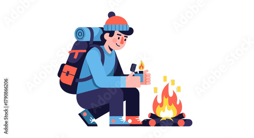 Adventurer Ignites Campfire Amidst The Murky Darkness Preparing Food and Shelter for the Night