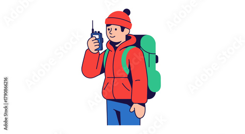 Adventurer Holding Walkie Talkie Preparing To Hike During Outdoors Activities