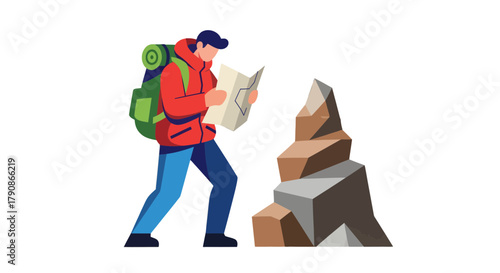 Adventurer Reads Map Amidst Rocky Terrain Seeking Adventure Outdoors