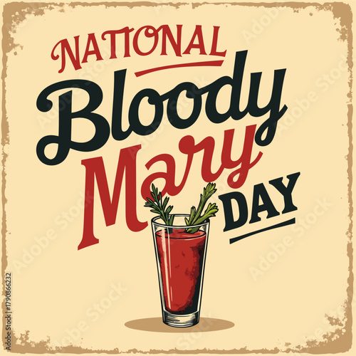 National bloody mary day vintage poster design with drink and typography in beige colors