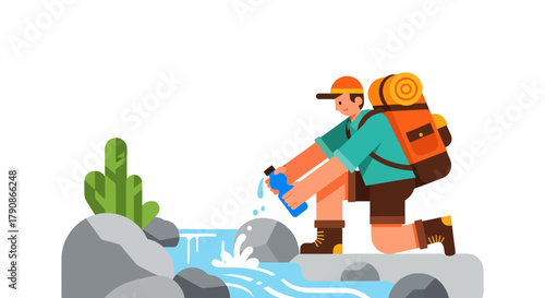 Adventurer Refilling Water From A Stream During A Hiking Journey And Expedition
