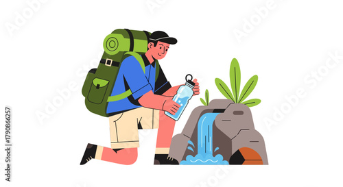 Adventurer Refilling Water From Waterfall: An Illustration Depicting Nature and Hydration