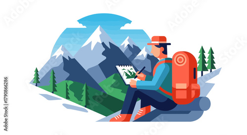 Adventurer Illustrating Mountain View with Scenic Beauty and Backpack Against Dark Backdrop