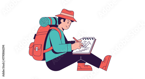 Adventurer Illustrating Mountainous Landscapes Using A Pen In His Notebook