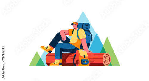 Adventurer Relaxing After A Hike On A Log, Enjoying The Mountain View Perfectly