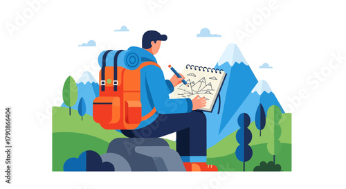 Adventurer Sketching Mountain Scene Amidst Nature's Vista With a Backpack Ready