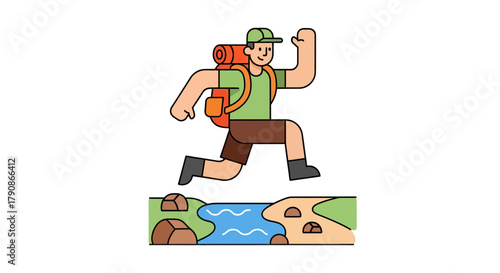 Adventurer Leaping Across a Stream During an Exciting Nature Hike Scene