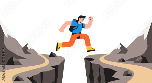 Adventurer Leaping Across The Mountain Gap In A Bold And Courageous Effort