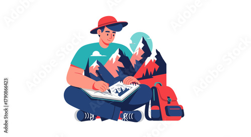 Adventurer Sketching Majestic Mountain Range: Artistic Travel Illustration