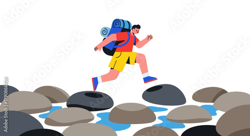 Adventurer Leaping Across Stones On Journey With Backpack With Black Background
