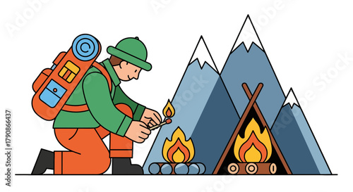 Adventurer Lighting Campfire Beside Majestic Mountains Under a Black, Starless Night Sky