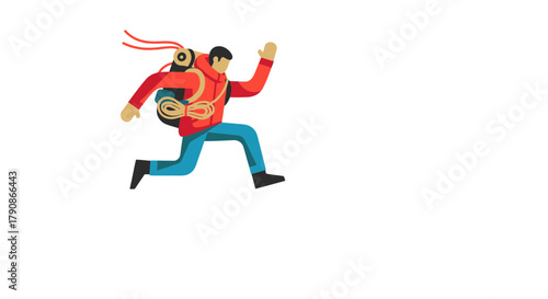 Adventurer Leaping Forward With Backpack In Isolated Black Background