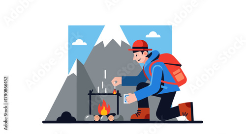 Adventurer Lighting Bonfire Amidst Majestic Peaks In a Serene Mountainous Landscape Setting